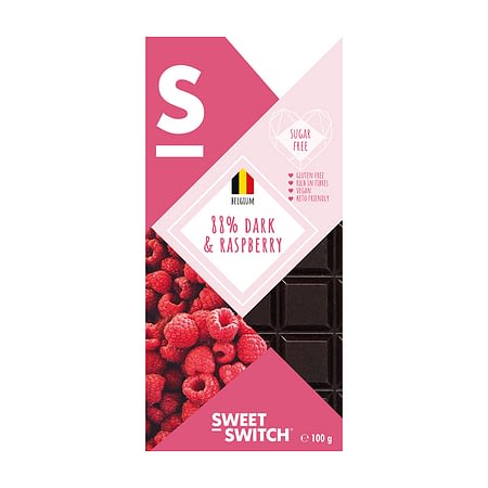 Belgiškas juodasis šokoladas su avietėmis, be cukraus ir glitimo, Sweet Switch (100g) | ifood.lt