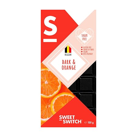Apelsinų skonio belgiškas juodasis šokoladas, be cukraus ir glitimo, Sweet Switch (100g) | ifood.lt